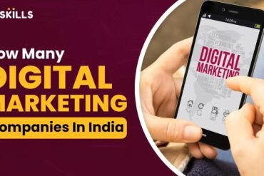 Two hands hold a smartphone displaying a digital marketing concept. Bold text reads "How Many Digital Marketing Companies in India". The tone is informative.