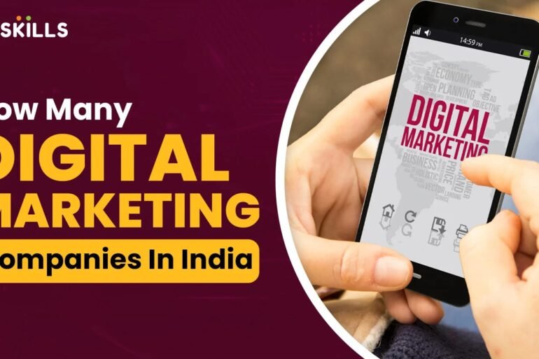 Two hands hold a smartphone displaying a digital marketing concept. Bold text reads "How Many Digital Marketing Companies in India". The tone is informative.