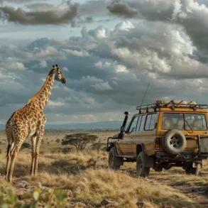 Giraffe standing beside a yellow safari vehicle in a grassy savanna under a cloudy sky.