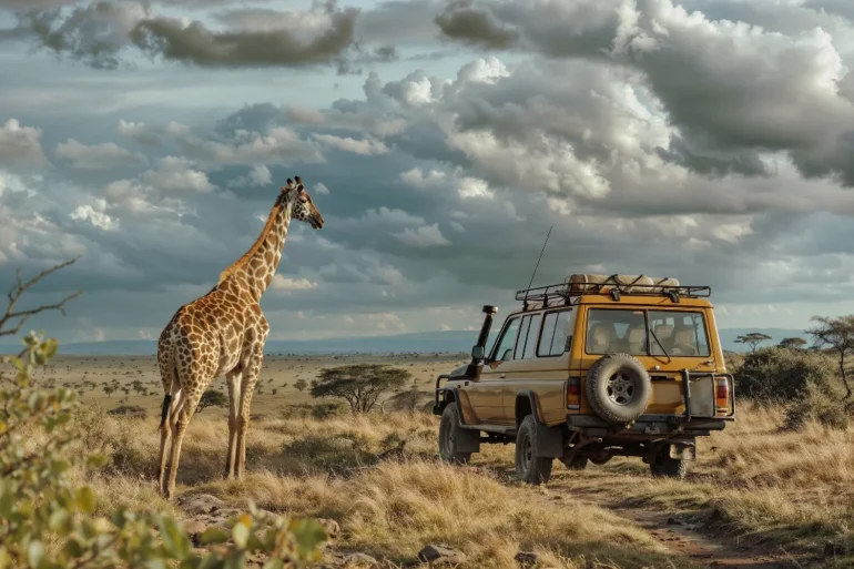 Giraffe standing beside a yellow safari vehicle in a grassy savanna under a cloudy sky.