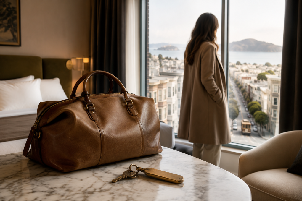 San Francisco Boutique hotel room with stylish décor, city views, soft lighting, and a cozy urban travel atmosphere