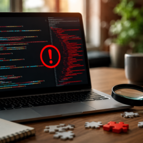 Developer reviewing code on a laptop while fixing scripting errors in a clean workspace