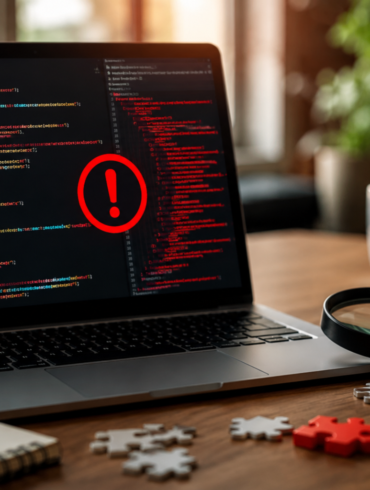 Developer reviewing code on a laptop while fixing scripting errors in a clean workspace