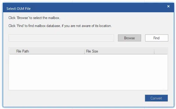 A dialog box titled "Select OLM File" has options to browse or find a mailbox file. It features an empty list for file path and size and a "Convert" button.