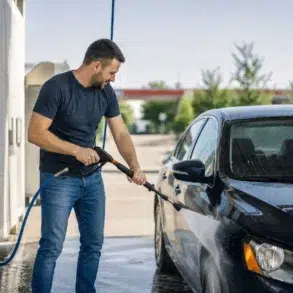 Driver using a self serve car wash near me station to clean a vehicle in a bright local wash bay