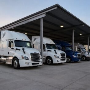 A row of various colored freight trucks parked under a large metal canopy at a professional semi truck storage near me.