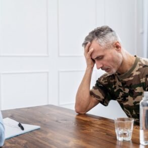 Man in camouflage shirt holding his head, appearing distressed, during a conversation with a woman at a wooden table with a notebook and water.