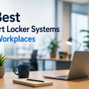 Workplace desk with laptop, plant, mug, and pen, under text reading "5 Best Smart Locker Systems for Workplaces." Bright, modern office setting.