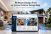 Tablet displaying AI home design app overlays a modern living room and house exterior. Text: "AI Room Design Free, AI Home Exterior Design Free."
