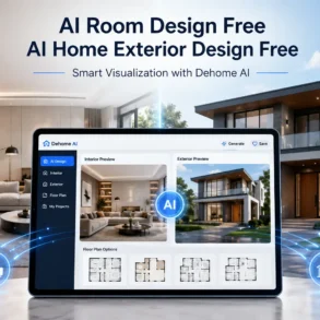 Tablet displaying AI home design app overlays a modern living room and house exterior. Text: "AI Room Design Free, AI Home Exterior Design Free."