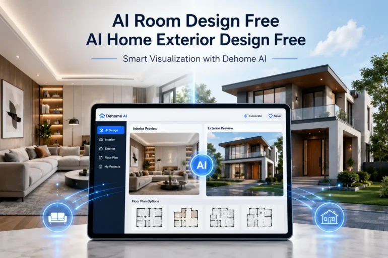 Tablet displaying AI home design app overlays a modern living room and house exterior. Text: "AI Room Design Free, AI Home Exterior Design Free."