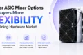 Promotional banner for ASIC miner options, highlighting flexibility, choices, decisions, solutions, and results with an image of mining hardware.