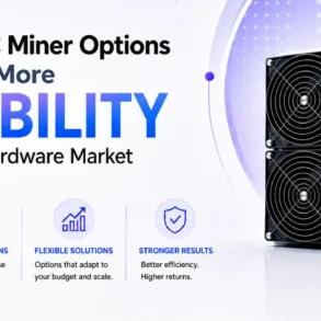Promotional banner for ASIC miner options, highlighting flexibility, choices, decisions, solutions, and results with an image of mining hardware.