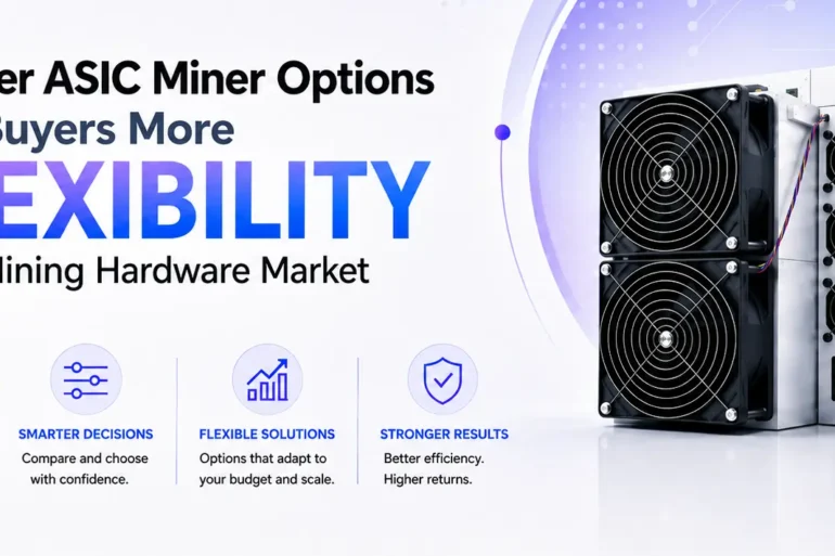 Promotional banner for ASIC miner options, highlighting flexibility, choices, decisions, solutions, and results with an image of mining hardware.