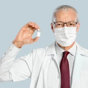 Elderly male doctor in glasses and mask holds a vaccine vial confidently. Wears a white coat and red tie, conveying professionalism and trust.