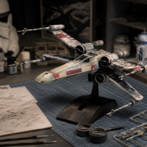 Star Wars Model Kits displayed on a collector shelf with detailed spacecraft, droids, and character models
