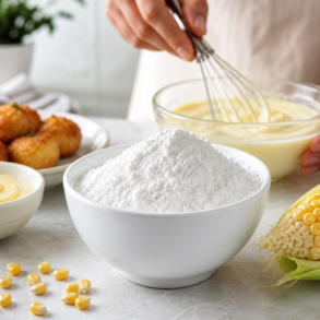 Starch of Maize powder in a bowl with corn kernels and cooking ingredients on a kitchen table