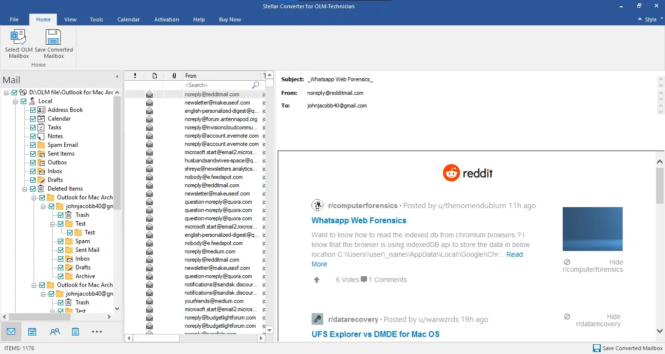 Screenshot of an email conversion software interface. Displays email folders and messages, with a Reddit post preview in a split view. The interface is technical and task-focused.
