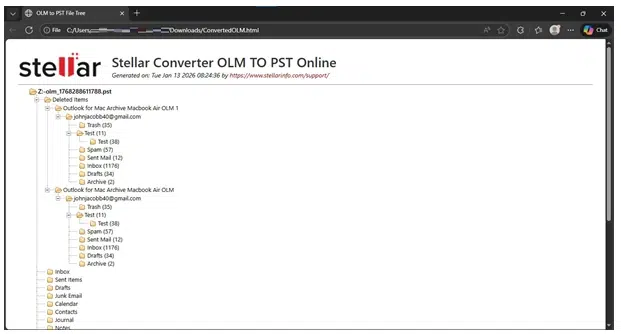 Screenshot of Stellar Converter interface showing an OLM to PST file tree. Email folders such as Deleted Items and Inbox are listed visibly.