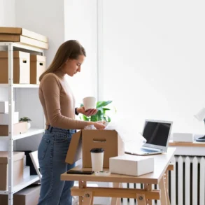 A woman in a brown sweater is packing items at a desk with a laptop, coffee cup, and boxes. Shelves with more boxes are in the background. Bright, organized space.