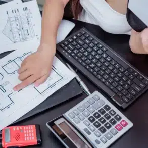 A person points to architectural blueprints on a desk, surrounded by a keyboard, calculator, red walkie-talkie, and tablet, creating a focused atmosphere.