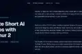 Sulphur 2 website page showcasing AI video creation features. Main heading: 'Create Short AI Videos with Sulphur 2.' Descriptive text explains video generation from text or images, emphasizing simplicity and diverse visual styles. Dark theme with navigation links at the top.