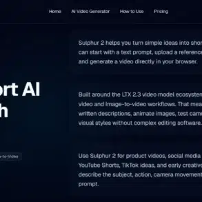 Sulphur 2 website page showcasing AI video creation features. Main heading: 'Create Short AI Videos with Sulphur 2.' Descriptive text explains video generation from text or images, emphasizing simplicity and diverse visual styles. Dark theme with navigation links at the top.