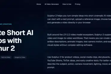 Sulphur 2 website page showcasing AI video creation features. Main heading: 'Create Short AI Videos with Sulphur 2.' Descriptive text explains video generation from text or images, emphasizing simplicity and diverse visual styles. Dark theme with navigation links at the top.