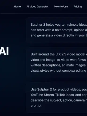 Sulphur 2 website page showcasing AI video creation features. Main heading: 'Create Short AI Videos with Sulphur 2.' Descriptive text explains video generation from text or images, emphasizing simplicity and diverse visual styles. Dark theme with navigation links at the top.