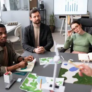 A diverse group of three people sit around a table with maps and diagrams, discussing a project in a modern office. A screen with graphs is in the background.