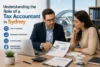 A man in a suit explains a tax strategy chart to a woman in an office with Sydney Harbour Bridge in the background. Words highlight tax accounting roles.