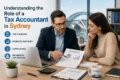 A man in a suit explains a tax strategy chart to a woman in an office with Sydney Harbour Bridge in the background. Words highlight tax accounting roles.