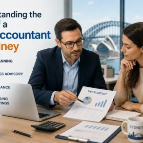 A man in a suit explains a tax strategy chart to a woman in an office with Sydney Harbour Bridge in the background. Words highlight tax accounting roles.