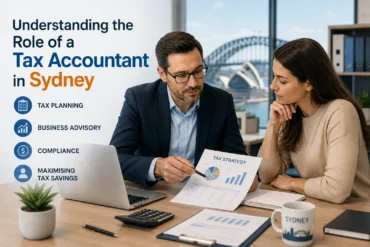 A man in a suit explains a tax strategy chart to a woman in an office with Sydney Harbour Bridge in the background. Words highlight tax accounting roles.