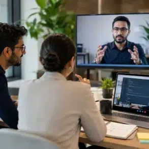 Two hiring professionals conduct a remote evaluation using Technical Interview Outsourcing, appearing on a large monitor and a laptop screen while reviewing a candidate's live coding performance.