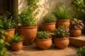 Terracotta pots arranged in a sunlit garden patio with a variety of lush green plants and blooming flowers