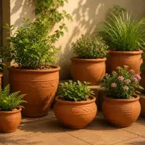 Terracotta pots arranged in a sunlit garden patio with a variety of lush green plants and blooming flowers