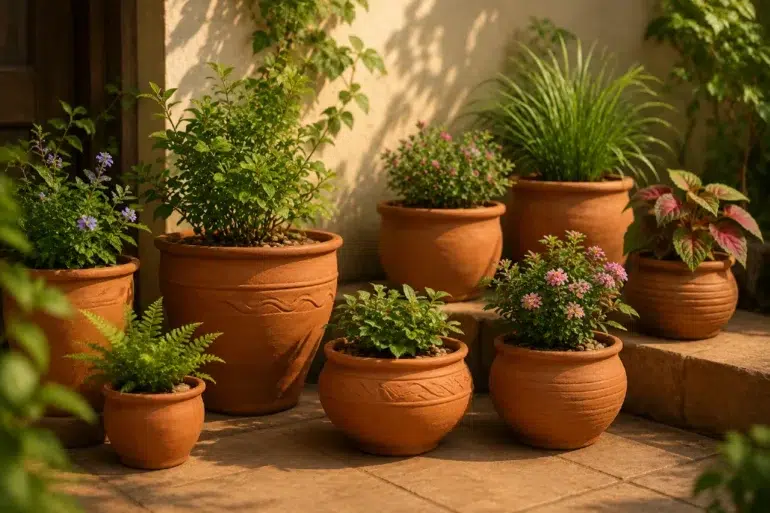 Terracotta pots arranged in a sunlit garden patio with a variety of lush green plants and blooming flowers