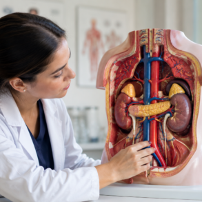 The Rear Organs of the Upper Abdomen Anatomy Model Labelled showing kidneys, adrenal glands, pancreas, spleen, diaphragm, aorta, and vena cava for students