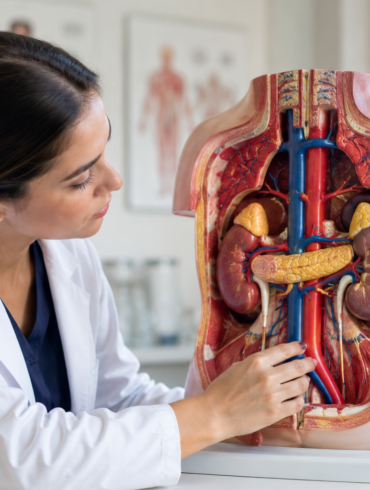 The Rear Organs of the Upper Abdomen Anatomy Model Labelled showing kidneys, adrenal glands, pancreas, spleen, diaphragm, aorta, and vena cava for students