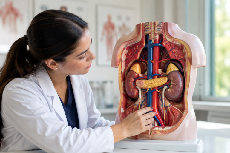 The Rear Organs of the Upper Abdomen Anatomy Model Labelled showing kidneys, adrenal glands, pancreas, spleen, diaphragm, aorta, and vena cava for students