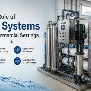 Industrial RO system in a commercial setting with text highlighting benefits: consistent water quality, operational efficiency, equipment protection, and sustainability.