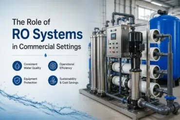 Industrial RO system in a commercial setting with text highlighting benefits: consistent water quality, operational efficiency, equipment protection, and sustainability.