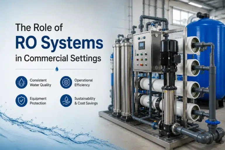 Industrial RO system in a commercial setting with text highlighting benefits: consistent water quality, operational efficiency, equipment protection, and sustainability.