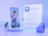 3D illustration of a TikTok video on a smartphone screen with a young woman posing playfully. An arrow points to text and audio icons, suggesting conversion. The tone is modern and digital.