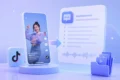 3D illustration of a TikTok video on a smartphone screen with a young woman posing playfully. An arrow points to text and audio icons, suggesting conversion. The tone is modern and digital.