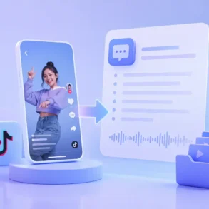3D illustration of a TikTok video on a smartphone screen with a young woman posing playfully. An arrow points to text and audio icons, suggesting conversion. The tone is modern and digital.