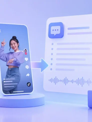 3D illustration of a TikTok video on a smartphone screen with a young woman posing playfully. An arrow points to text and audio icons, suggesting conversion. The tone is modern and digital.