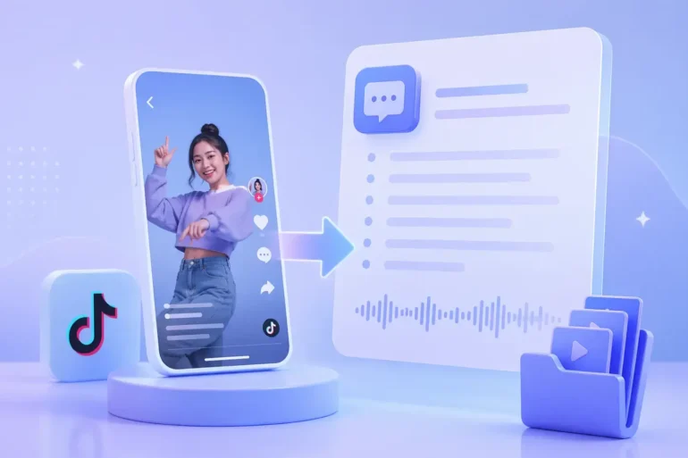 3D illustration of a TikTok video on a smartphone screen with a young woman posing playfully. An arrow points to text and audio icons, suggesting conversion. The tone is modern and digital.