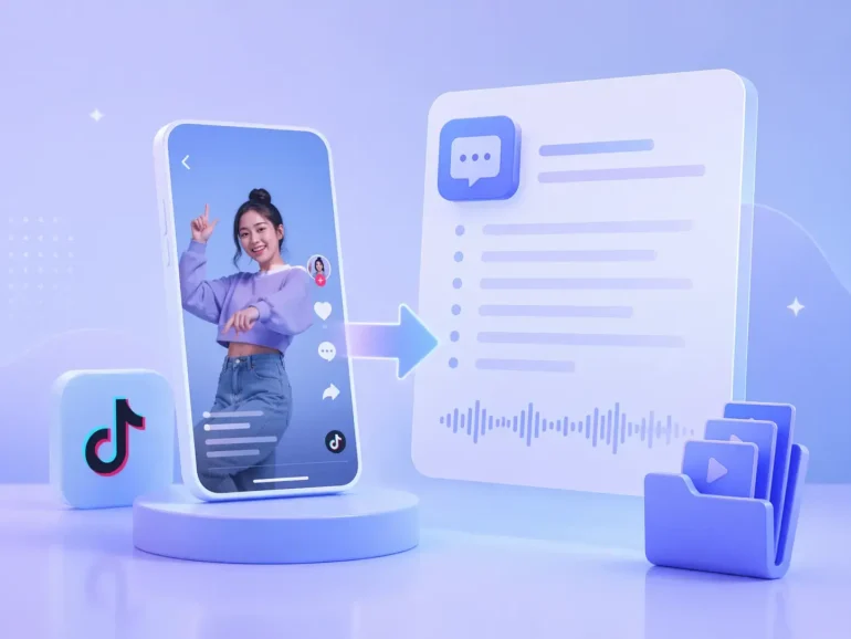 3D illustration of a TikTok video on a smartphone screen with a young woman posing playfully. An arrow points to text and audio icons, suggesting conversion. The tone is modern and digital.